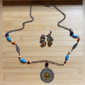 Native American Necklace Earring Jewelry Set Bohemian Clip On Earrings